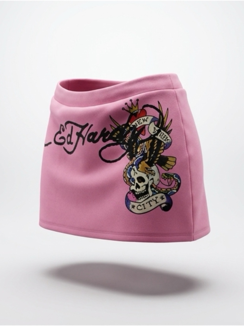 Ed Hardy Rose Pink Tattoo-Print Mini Skirt